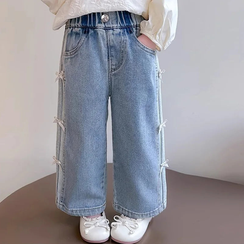 Baby Girls Bow Jeans 2025 Kids Spring Autumn Loose long Pants New Children's Straight Wide-leg Trousers Toddler Casual Clothing SnugBubs Australia