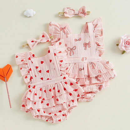 Heart/Bow Print Bodysuit with Flutter Sleeves & Headband SnugBubs Australia