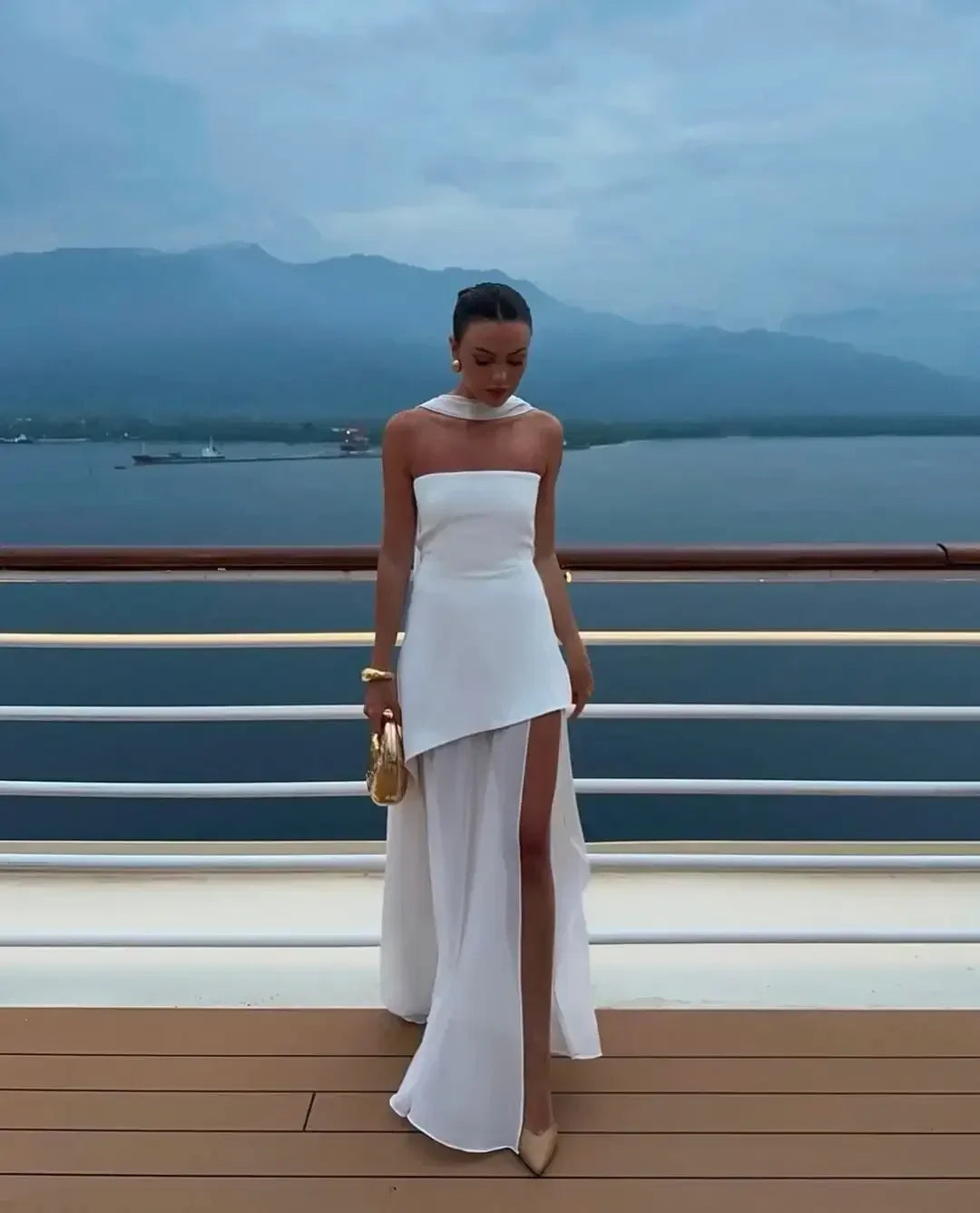 Mesh Scarf Neck Strapless Maxi Dress – Elegant Backless Split Gown SnugBubs Australia