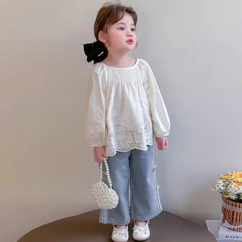 Baby Girls Bow Jeans 2025 Kids Spring Autumn Loose long Pants New Children's Straight Wide-leg Trousers Toddler Casual Clothing SnugBubs Australia