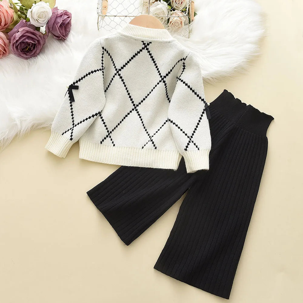 2PC Knitted Sweatshirt & Pants Set with Bow