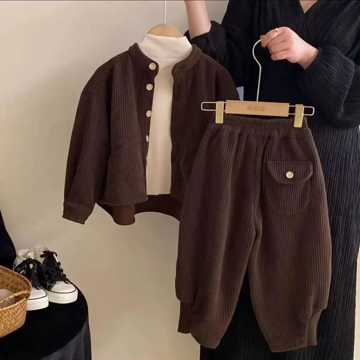 Boys Girls Korean Corduroy Stand Up Collar Single Breasted Top+ Pants Spring Autumn Set Children's Casual Two-piece Set Clothing SnugBubs Australia