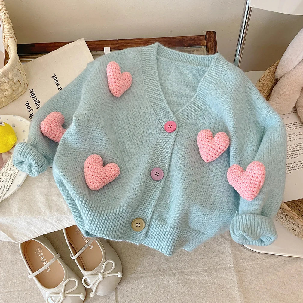 Girls Sweaters Coat Three-Dimensional Love Knitted Cardigan Jacket Autumn Winter Baby Girl Clothes Korean Kids Clothing 2-8Y SnugBubs Australia