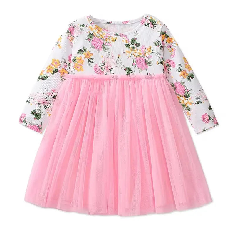 Spring Autumn Kids Clothes Baby Girls Long Sleeves Floral Mesh Princess Dresses Flowers Girls Birthday Party Dress - SnugBubs Australia