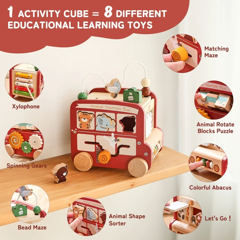 Montessori Wooden Animal Activity Bus 8-in-1 – Baby Sensory Busy Board Toy for Hand & Foot Development SnugBubs Australia