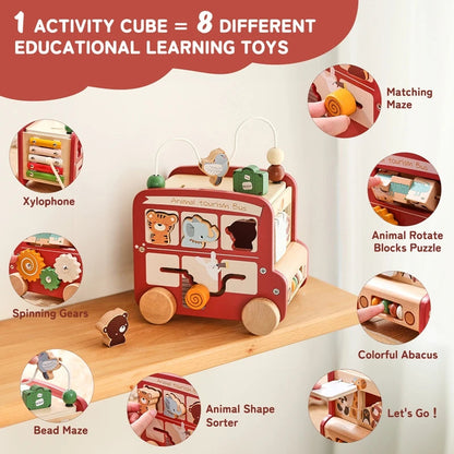 Montessori Wooden Animal Activity Bus 8-in-1 – Baby Sensory Busy Board Toy for Hand & Foot Development SnugBubs Australia