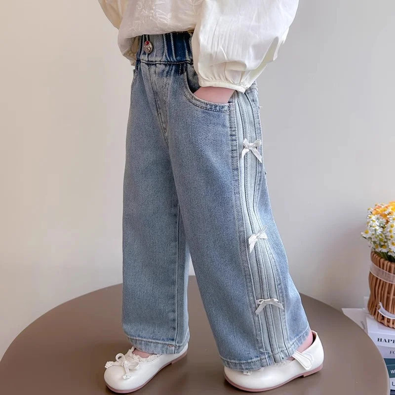 Baby Girls Bow Jeans 2025 Kids Spring Autumn Loose long Pants New Children's Straight Wide-leg Trousers Toddler Casual Clothing SnugBubs Australia