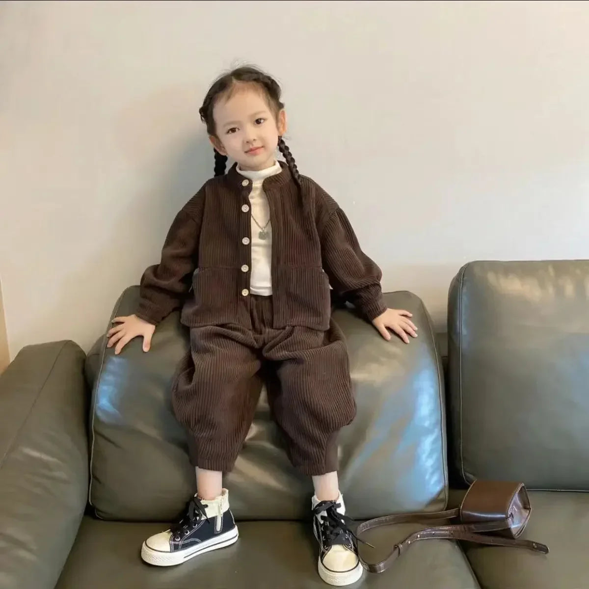 Boys Girls Korean Corduroy Stand Up Collar Single Breasted Top+ Pants Spring Autumn Set Children's Casual Two-piece Set Clothing SnugBubs Australia