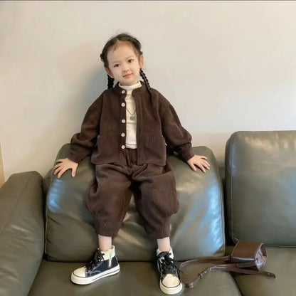 Boys Girls Korean Corduroy Stand Up Collar Single Breasted Top+ Pants Spring Autumn Set Children's Casual Two-piece Set Clothing SnugBubs Australia