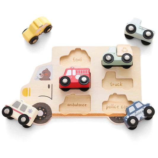 Montessori Wooden Traffic Car Puzzle – Fine Motor Learning Toy for Toddlers - SnugBubs Australia