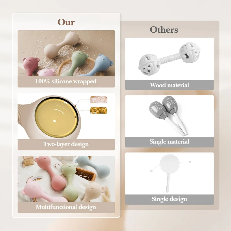 Baby Silicone Sand Hammer Toys 0 12 Months Baby Teether Toys Cartoon Bear Make Hoise Maracas Silicone Accessories for Babies SnugBubs Australia