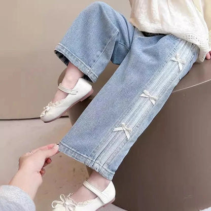 Baby Girls Bow Jeans 2025 Kids Spring Autumn Loose long Pants New Children's Straight Wide-leg Trousers Toddler Casual Clothing SnugBubs Australia