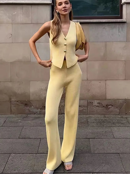 Knit Pant Set for Women – Elegant V-Neck Sleeveless Top & High Waist Pants (2 Piece Casual Outfit) - SnugBubs Australia