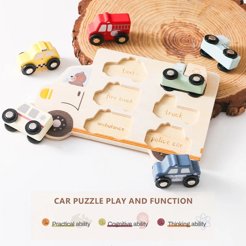 Montessori Wooden Traffic Car Puzzle – Fine Motor Learning Toy for Toddlers - SnugBubs Australia