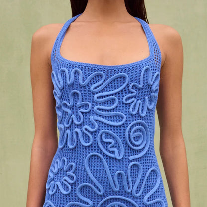 Front view blue knitted sleeveless mid-calf dress