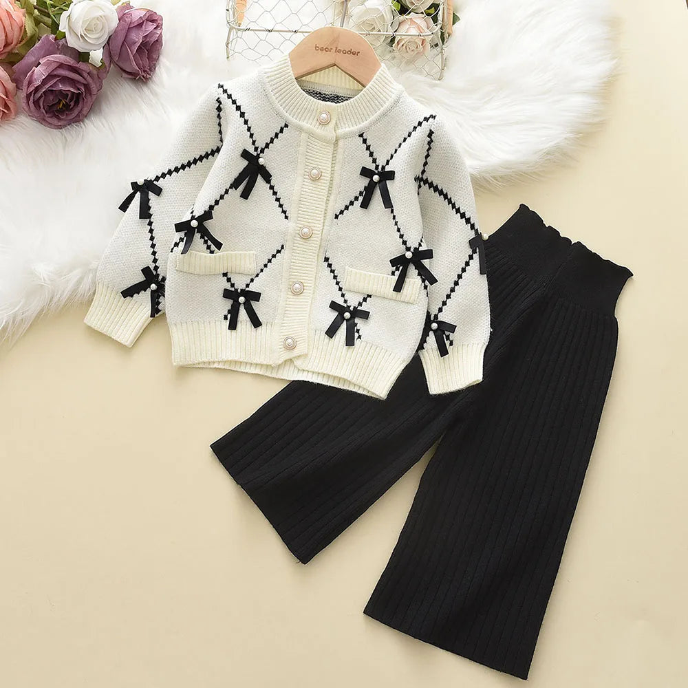 2PC Knitted Sweatshirt & Pants Set with Bow