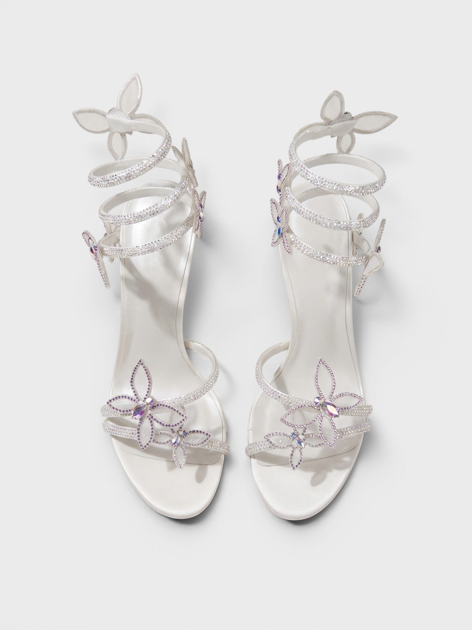 Gleamond | Women's Crystal Embellished Stiletto Sandals with Spiral Ankle Wrap and Butterfly Detail Gleamond