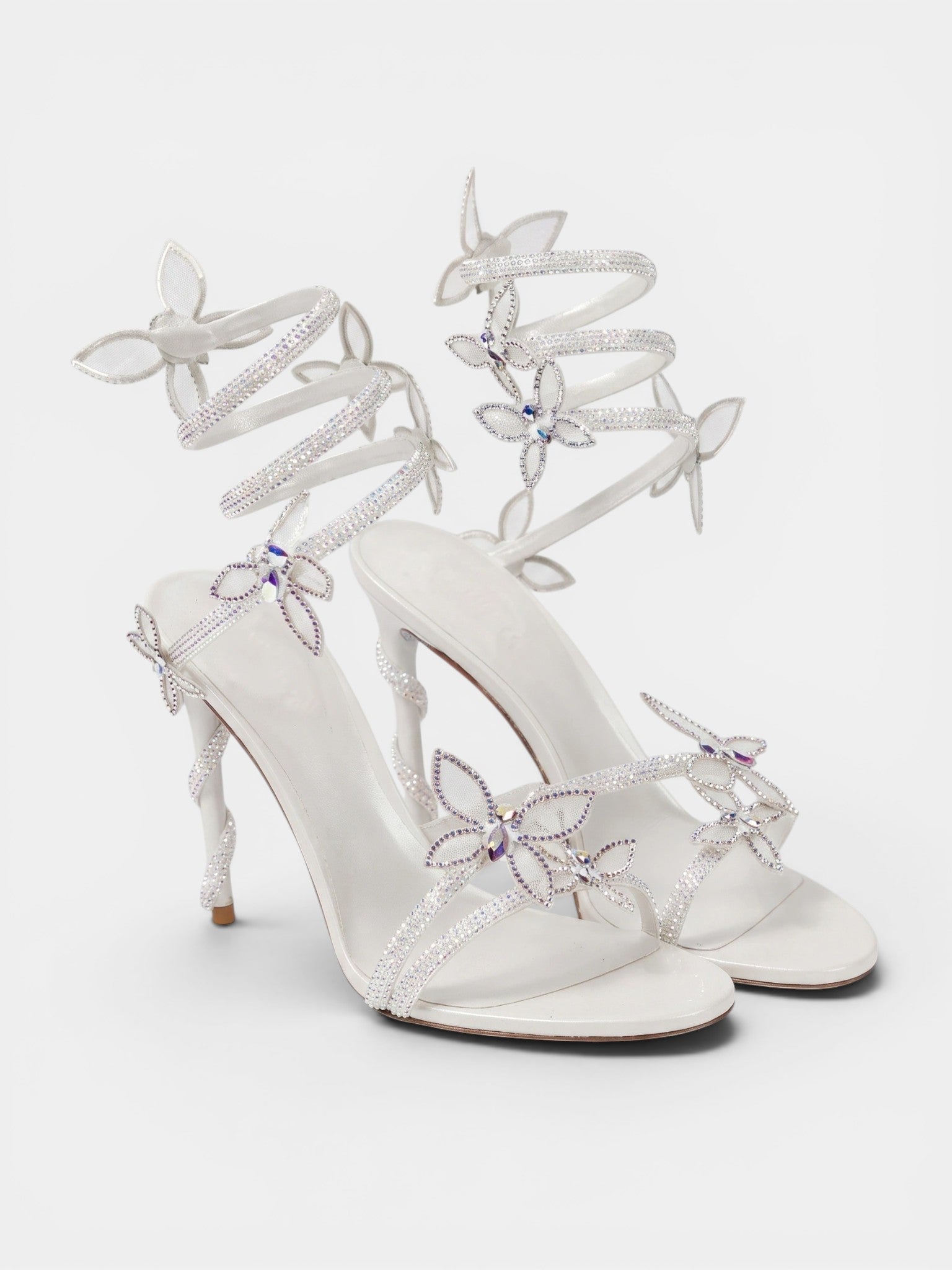 Gleamond | Women's Crystal Embellished Stiletto Sandals with Spiral Ankle Wrap and Butterfly Detail Gleamond