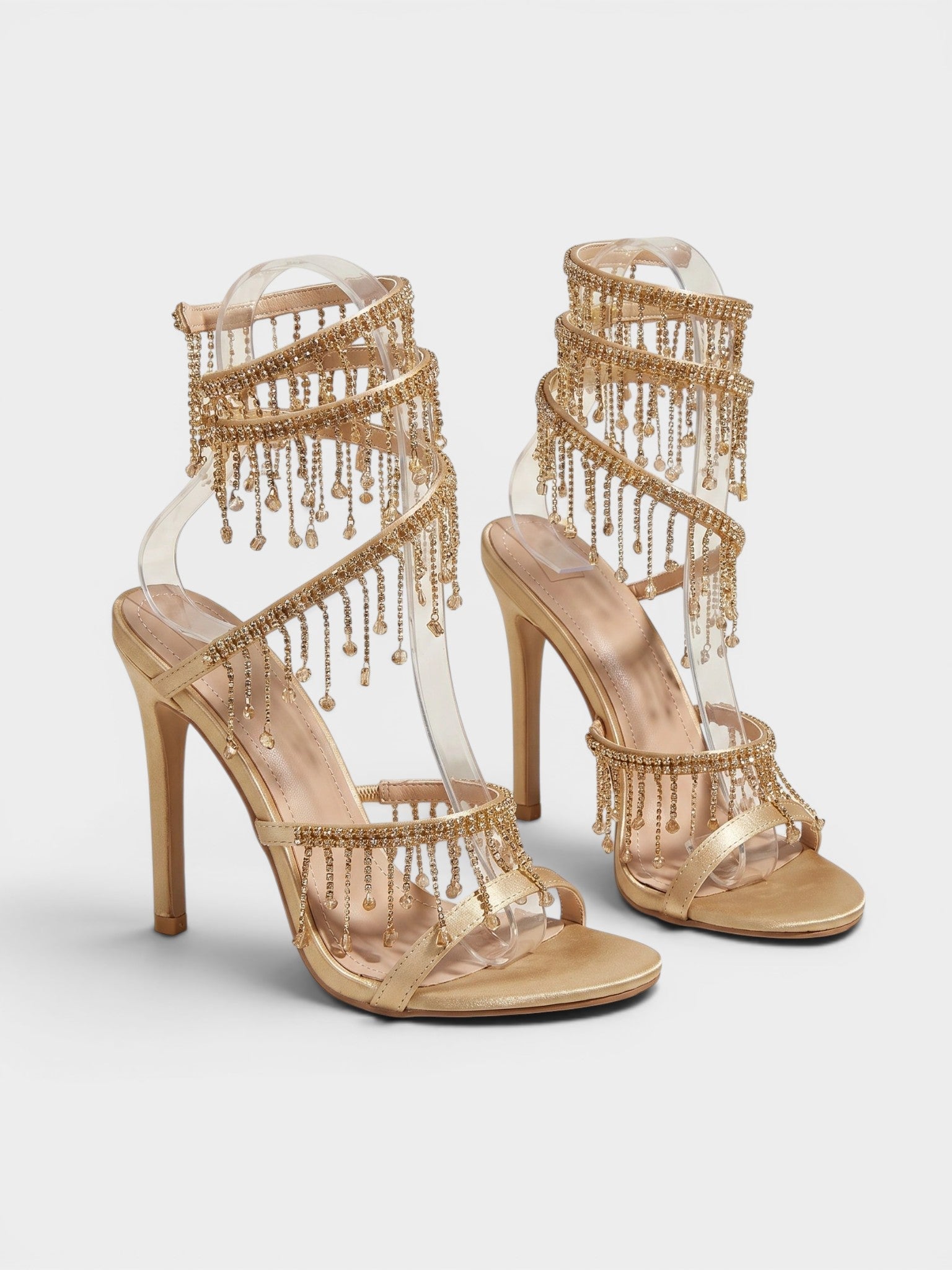 Gleamond | Women's Stiletto Sandals with Ankle Strap Crystal Tassels Gleamond