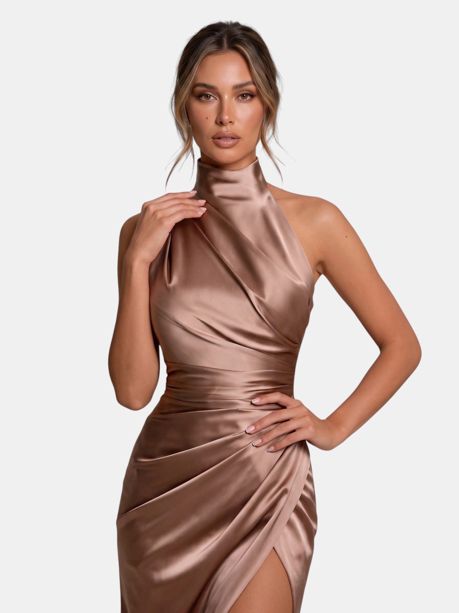 Gleamond | Women's Halter Neck Maxi Dress with Side Split and Draped Design Gleamond