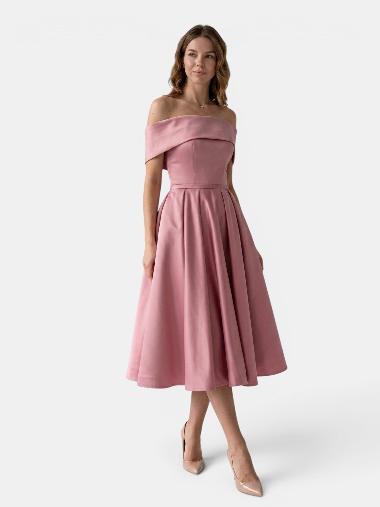 Gleamond | Women's Off Shoulder Fit and Flare Midi Dress with Pleated Full Skirt Gleamond