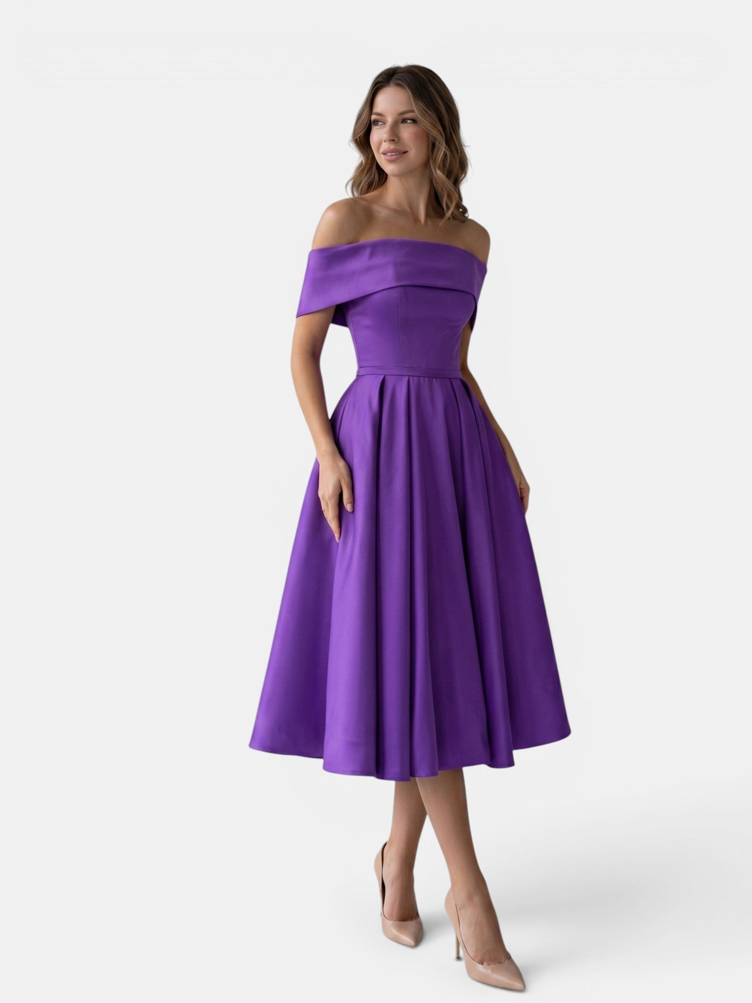 Gleamond | Women's Off Shoulder Fit and Flare Midi Dress with Pleated Full Skirt Gleamond