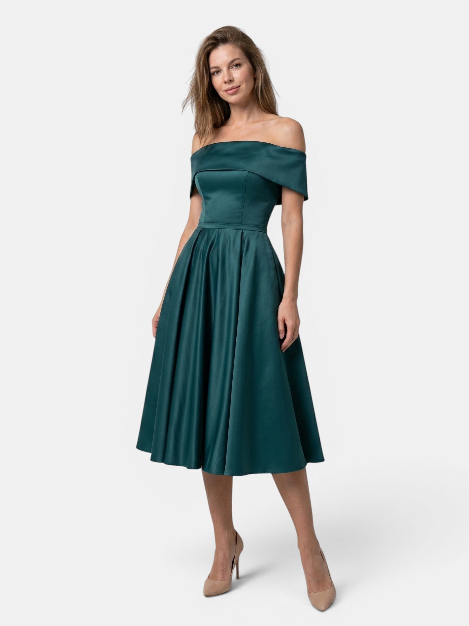 Gleamond | Women's Off Shoulder Fit and Flare Midi Dress with Pleated Full Skirt Gleamond