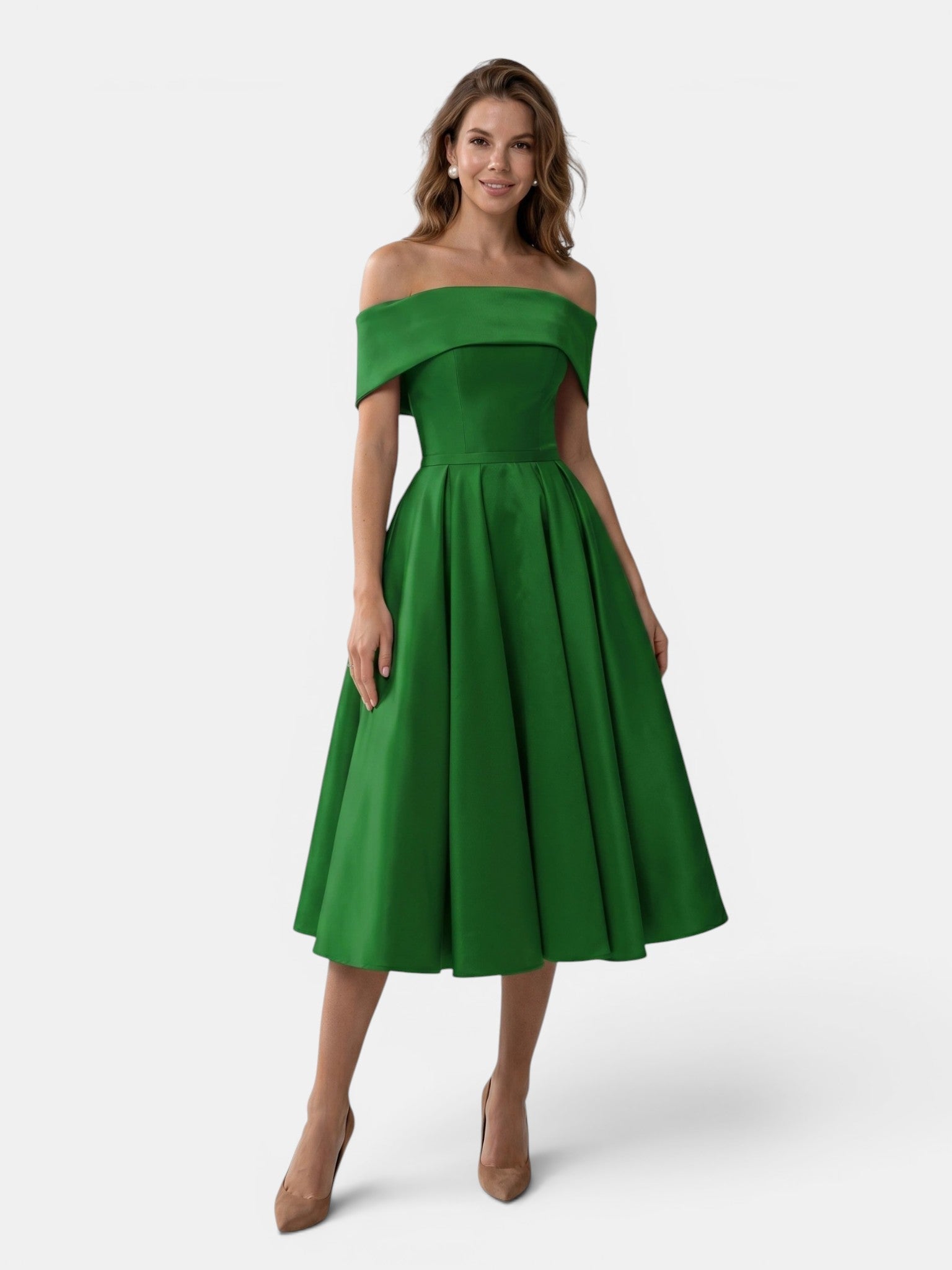 Gleamond | Women's Off Shoulder Fit and Flare Midi Dress with Pleated Full Skirt Gleamond