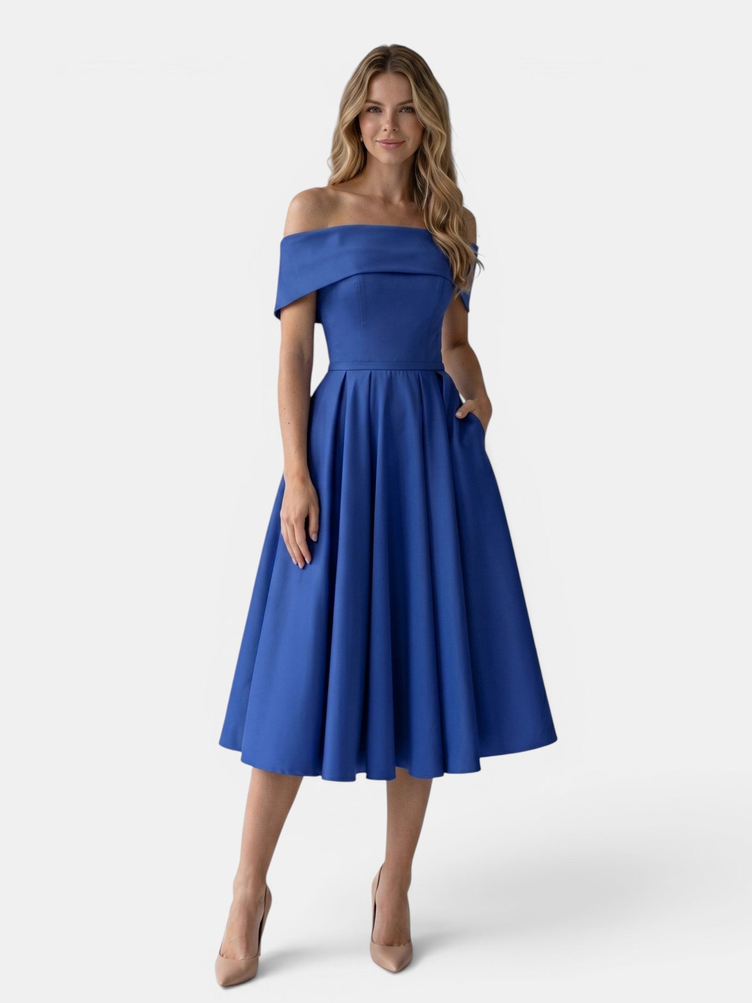 Gleamond | Women's Off Shoulder Fit and Flare Midi Dress with Pleated Full Skirt Gleamond