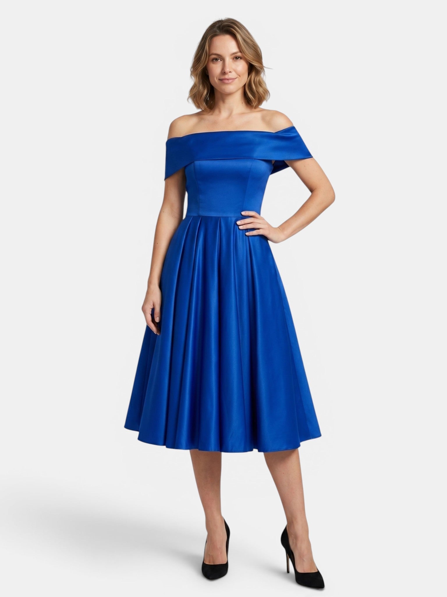 Gleamond | Women's Off Shoulder Fit and Flare Midi Dress with Pleated Full Skirt Gleamond