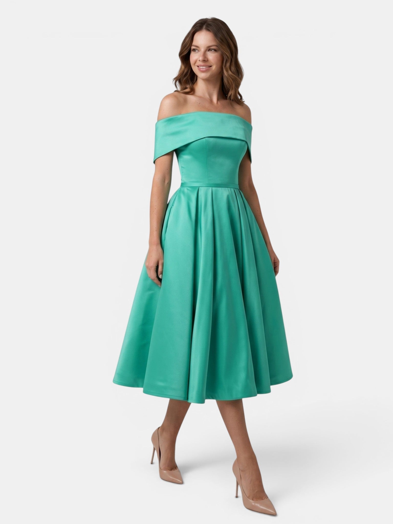 Gleamond | Women's Off Shoulder Fit and Flare Midi Dress with Pleated Full Skirt Gleamond