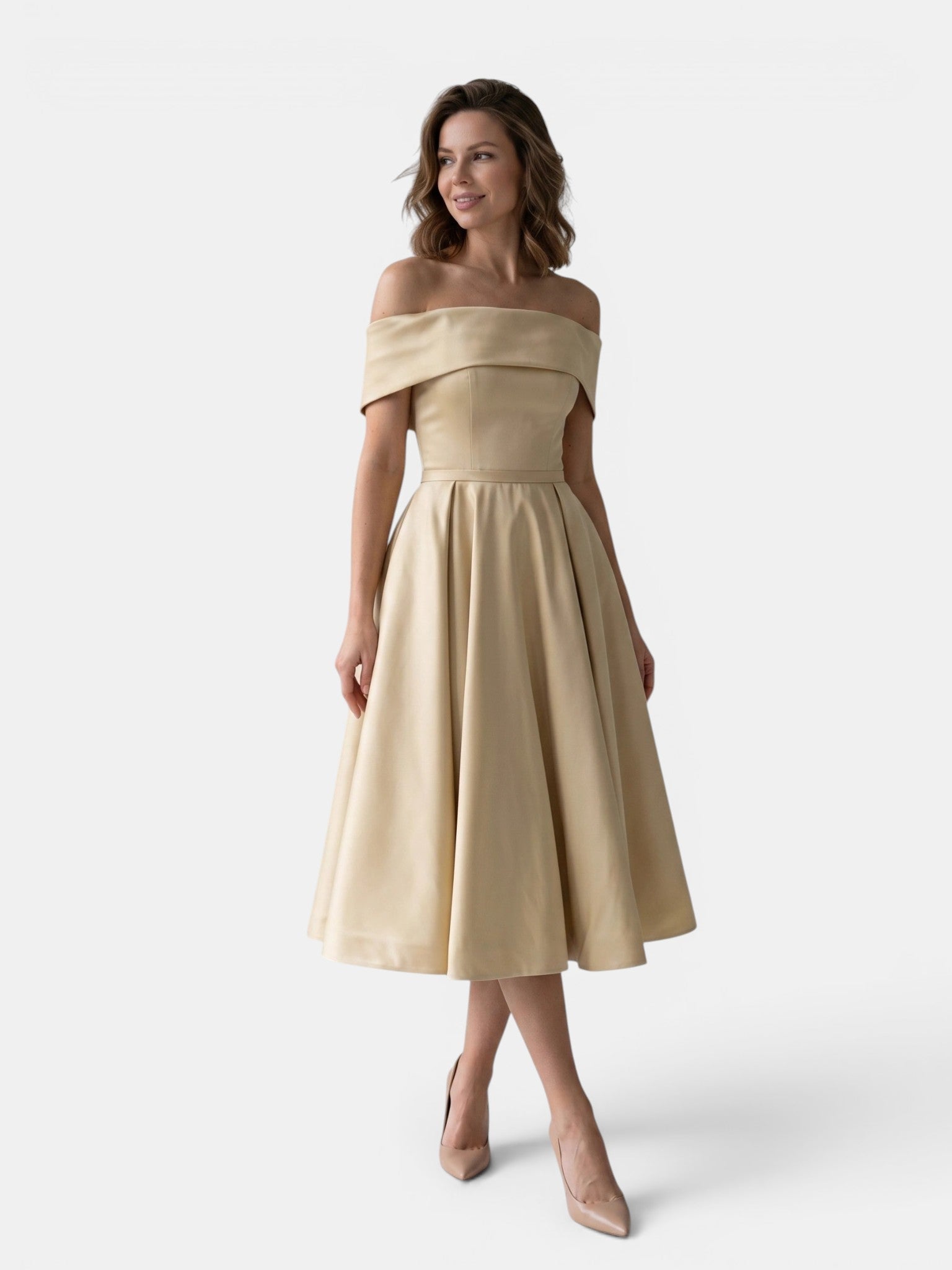 Gleamond | Women's Off Shoulder Fit and Flare Midi Dress with Pleated Full Skirt Gleamond