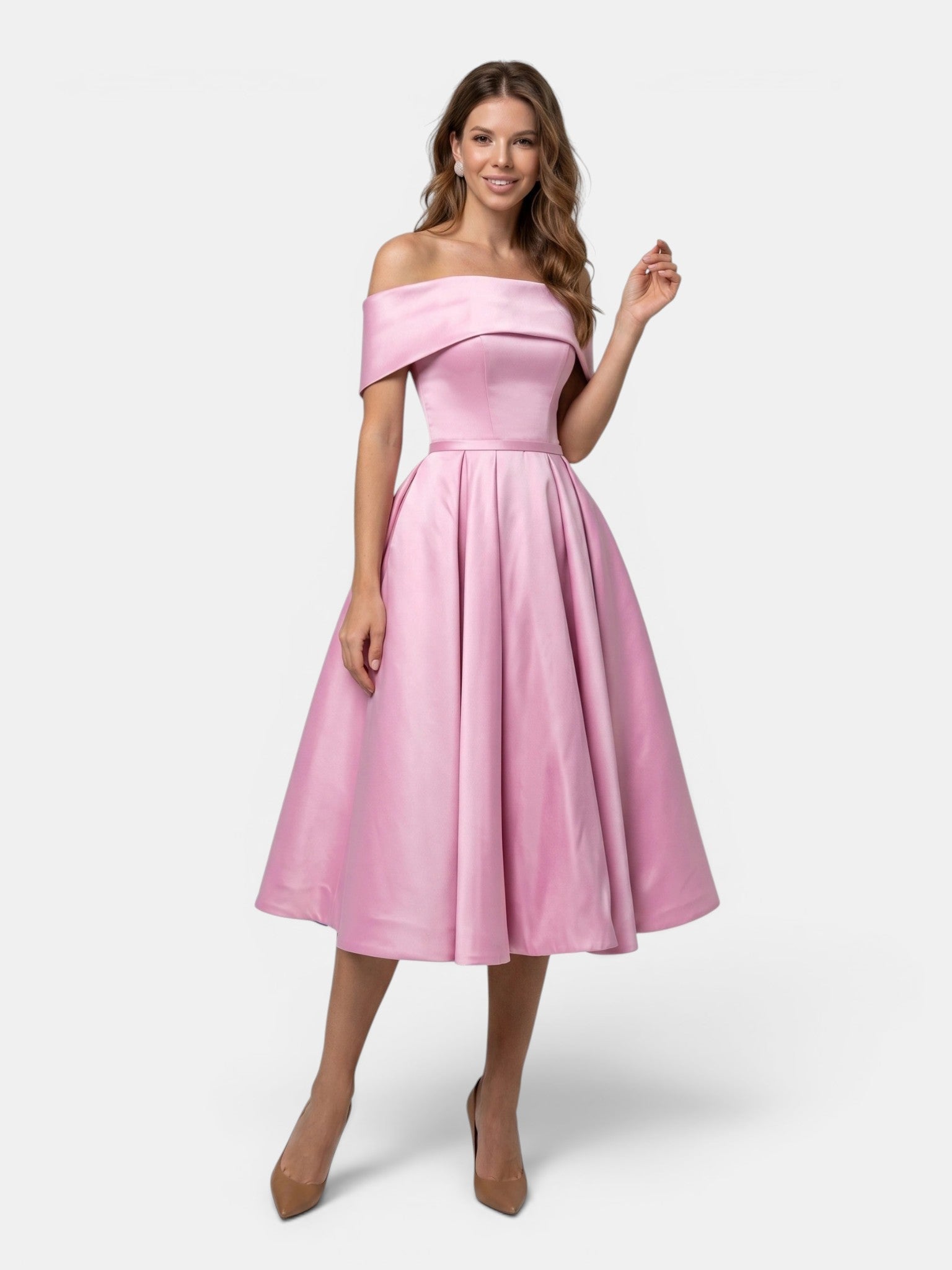 Gleamond | Women's Off Shoulder Fit and Flare Midi Dress with Pleated Full Skirt Gleamond
