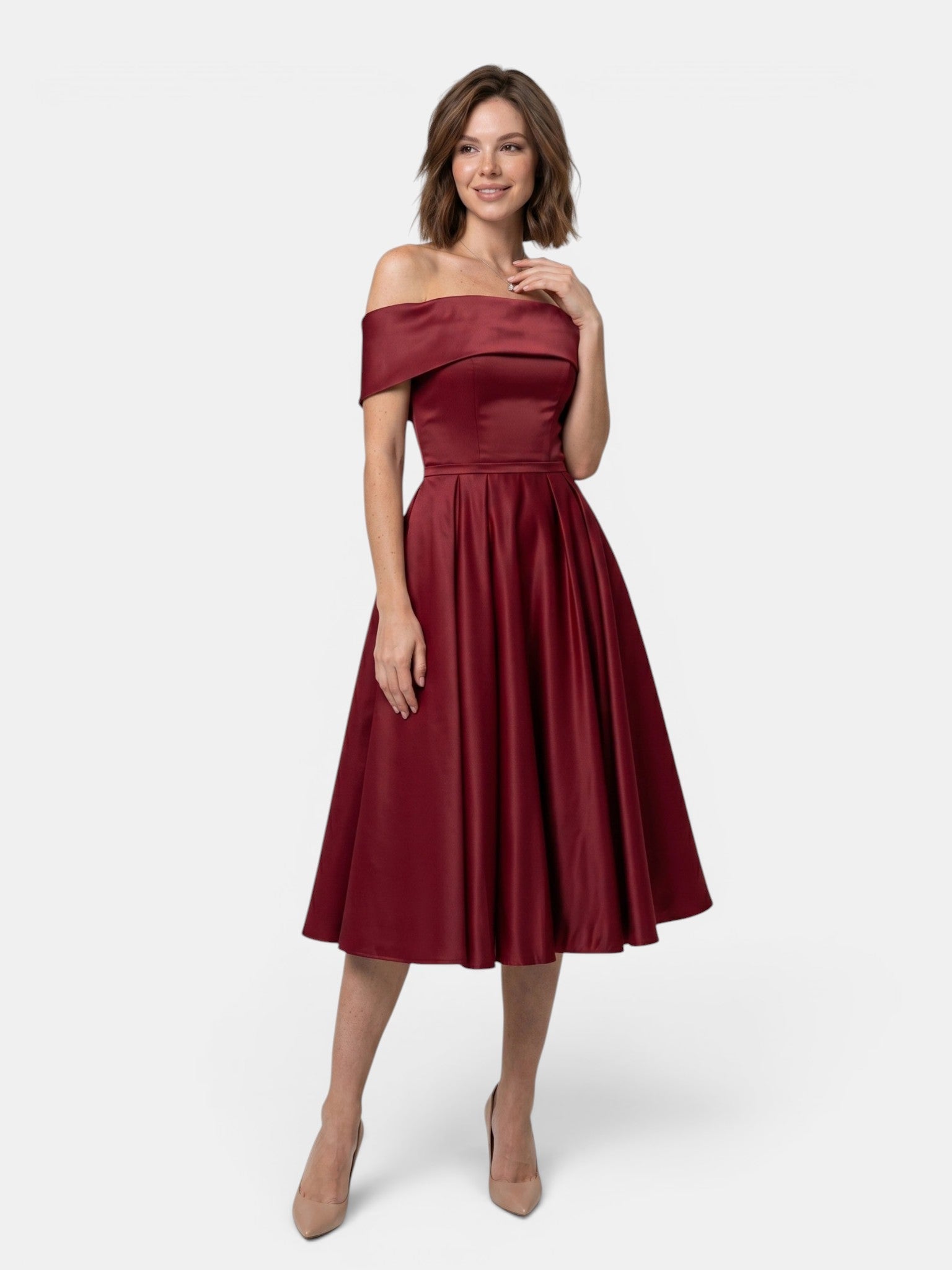 Gleamond | Women's Off Shoulder Fit and Flare Midi Dress with Pleated Full Skirt Gleamond