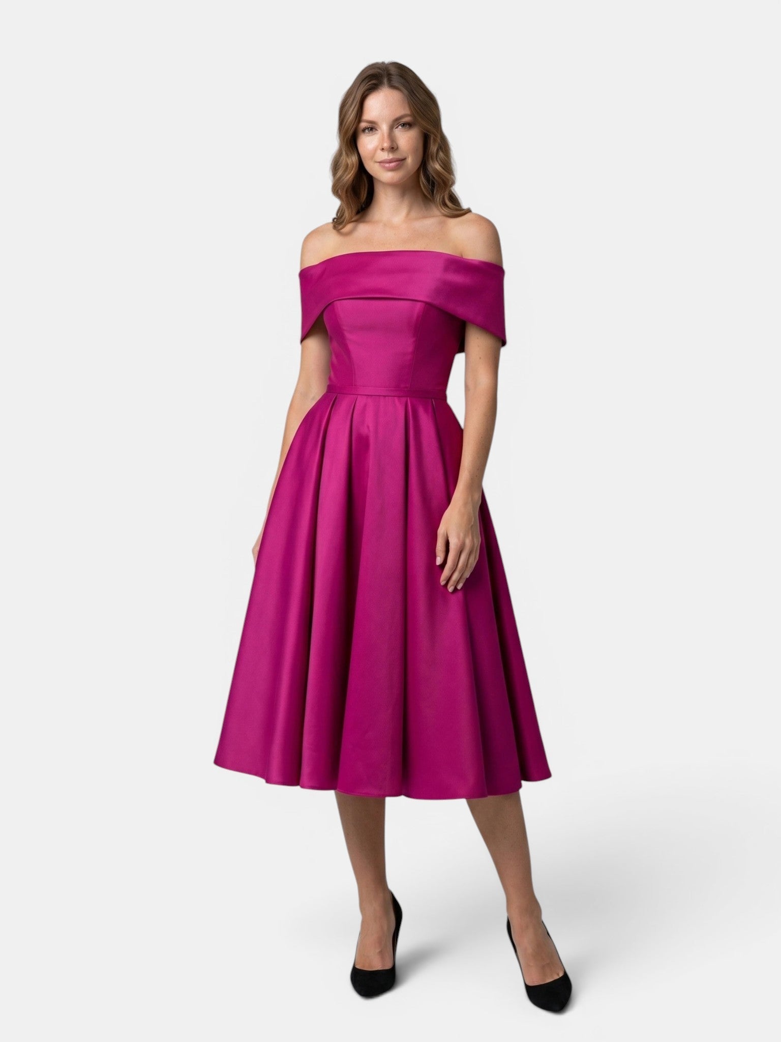 Gleamond | Women's Off Shoulder Fit and Flare Midi Dress with Pleated Full Skirt Gleamond