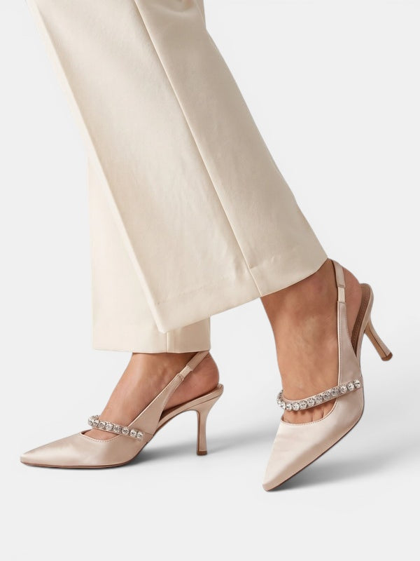 Gleamond | Women's Slingback High Heels with Pointed Toe and Crystal Strap Gleamond