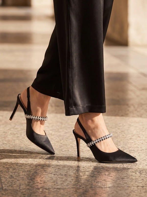 Gleamond | Women's Slingback High Heels with Pointed Toe and Crystal Strap Gleamond