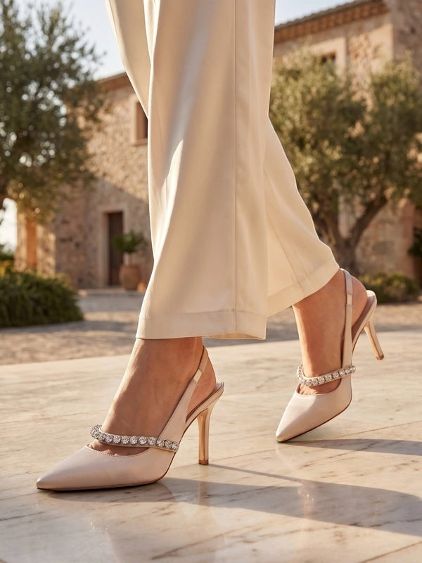 Gleamond | Women's Slingback High Heels with Pointed Toe and Crystal Strap Gleamond