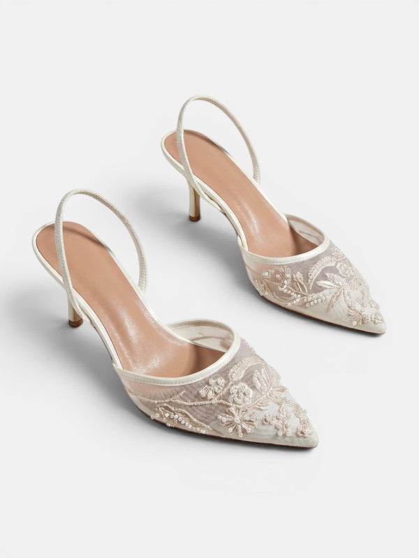 Gleamond | Women's Slingback Pumps with Pointed Toe and Embroidered Floral Detail Gleamond