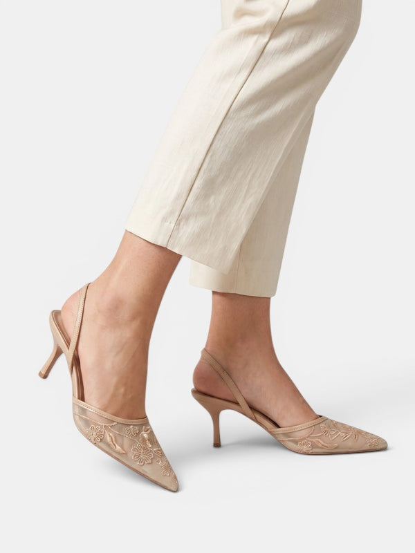 Gleamond | Women's Slingback Pumps with Pointed Toe and Embroidered Floral Detail Gleamond