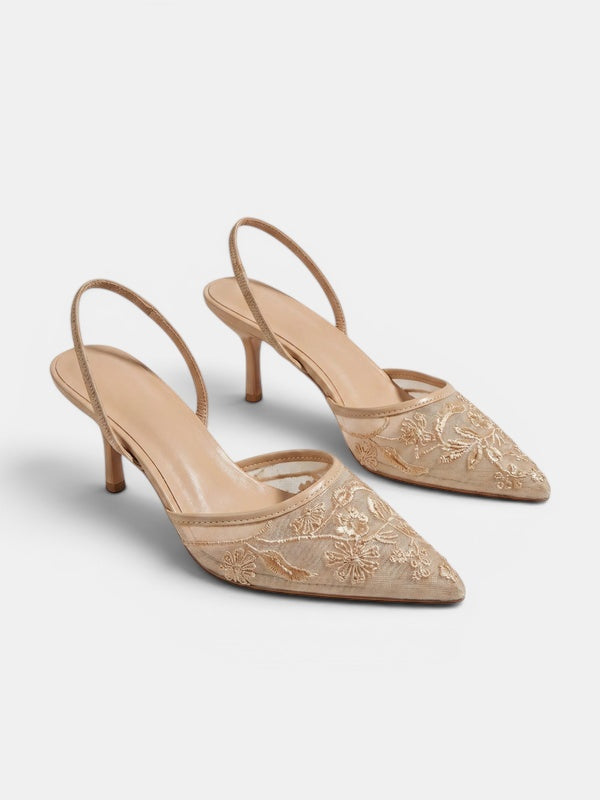 Gleamond | Women's Slingback Pumps with Pointed Toe and Embroidered Floral Detail Gleamond