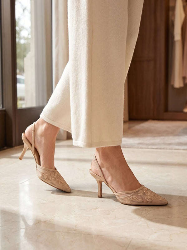 Gleamond | Women's Slingback Pumps with Pointed Toe and Embroidered Floral Detail Gleamond