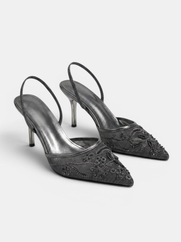 Gleamond | Women's Slingback Pumps with Pointed Toe and Embroidered Floral Detail Gleamond