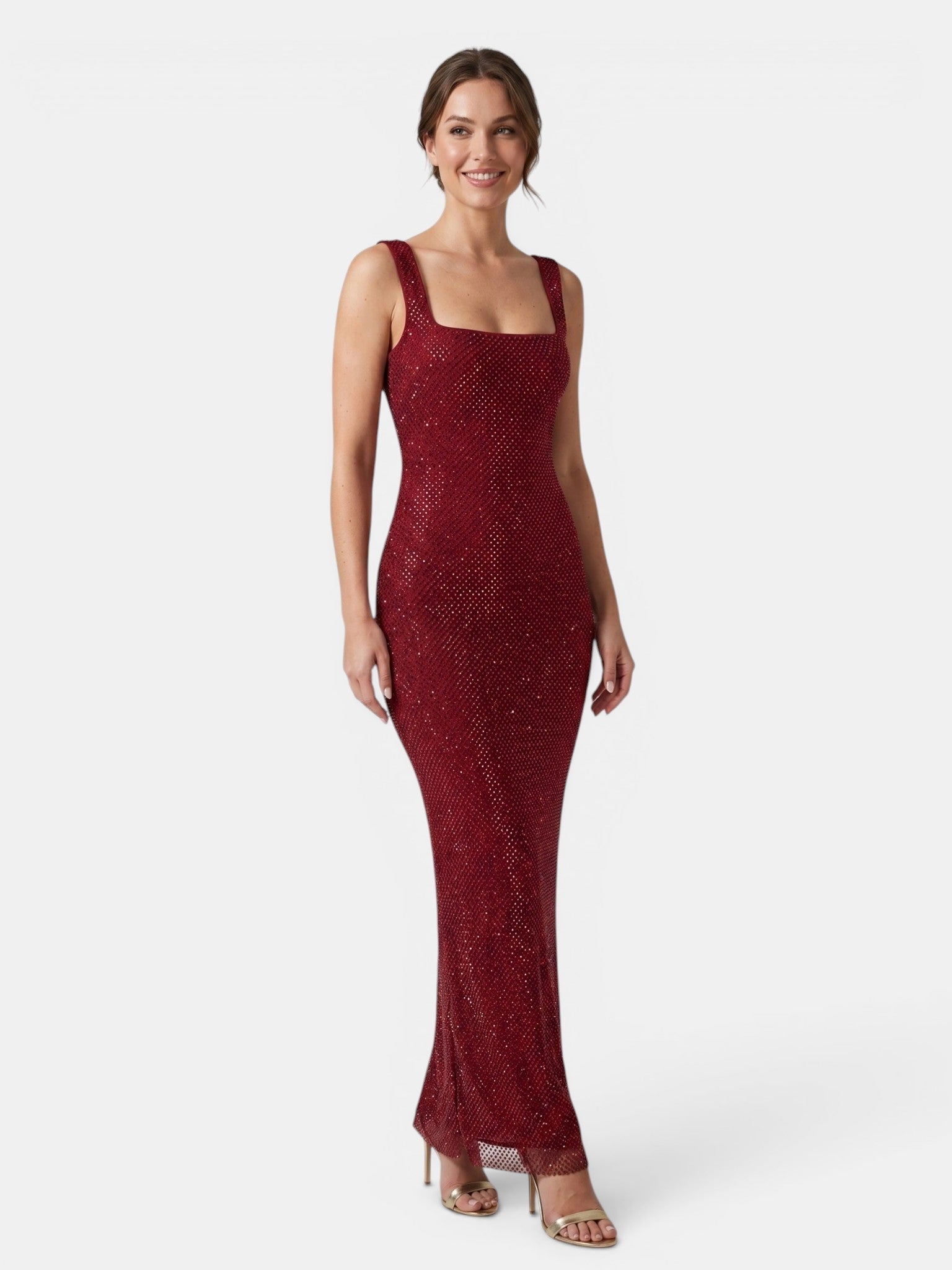 Gleamond | Women's Rhinestone Bodycon Maxi Dress with Square Neck and Sleeveless Gleamond