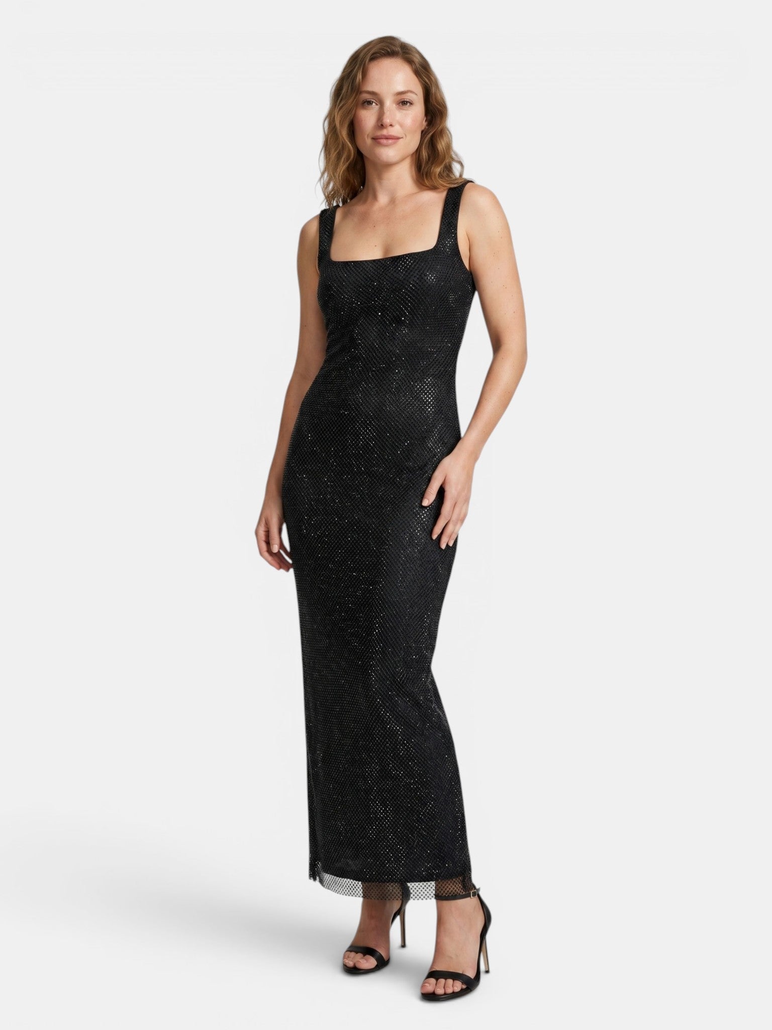 Gleamond | Women's Rhinestone Bodycon Maxi Dress with Square Neck and Sleeveless Gleamond