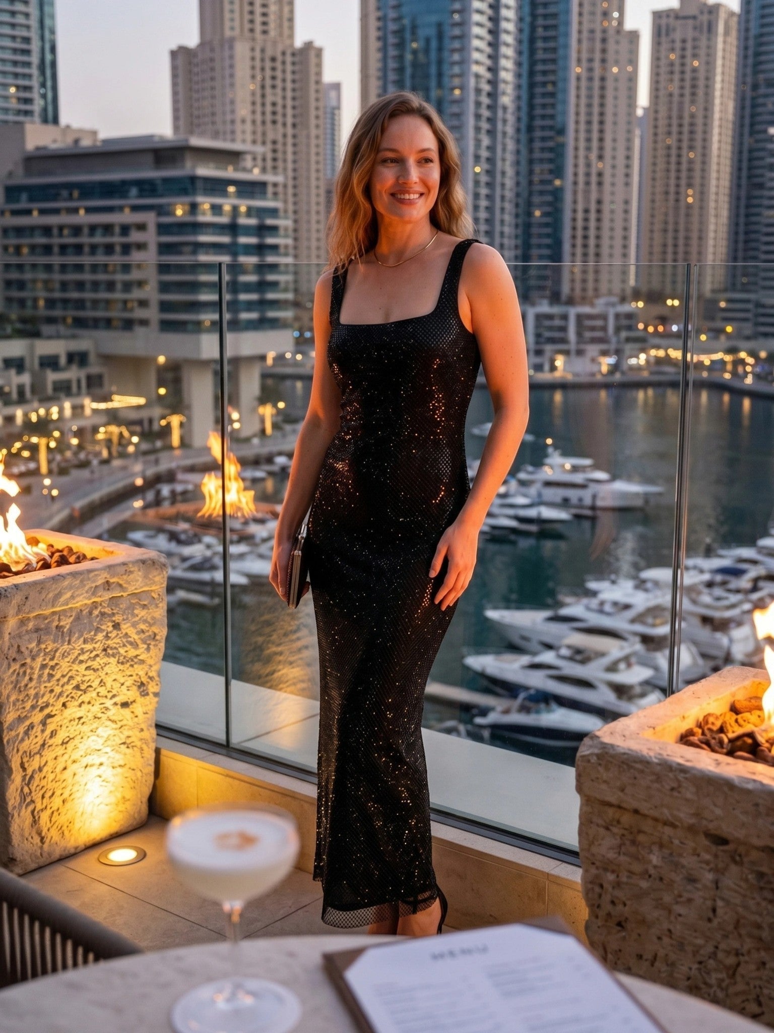 Gleamond | Women's Rhinestone Bodycon Maxi Dress with Square Neck and Sleeveless Gleamond