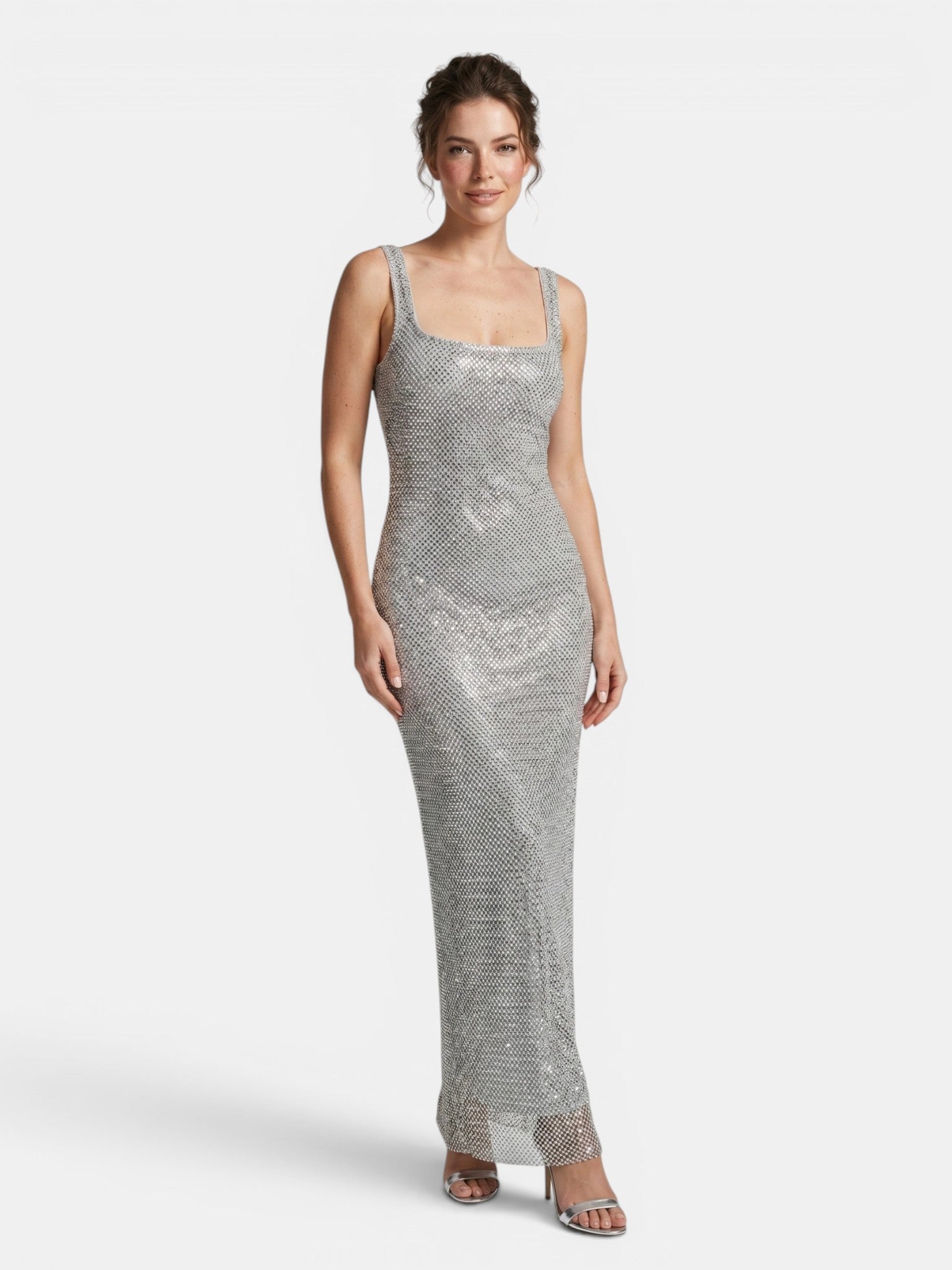 Gleamond | Women's Rhinestone Bodycon Maxi Dress with Square Neck and Sleeveless Gleamond