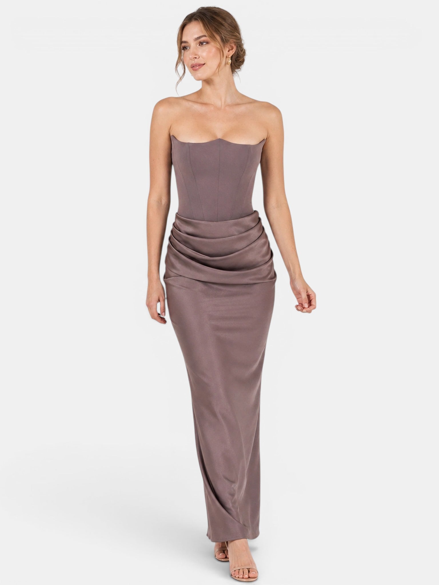 Gleamond | Women's Strapless Maxi Dress with Ruched Skirt and Fitted Bodice Gleamond