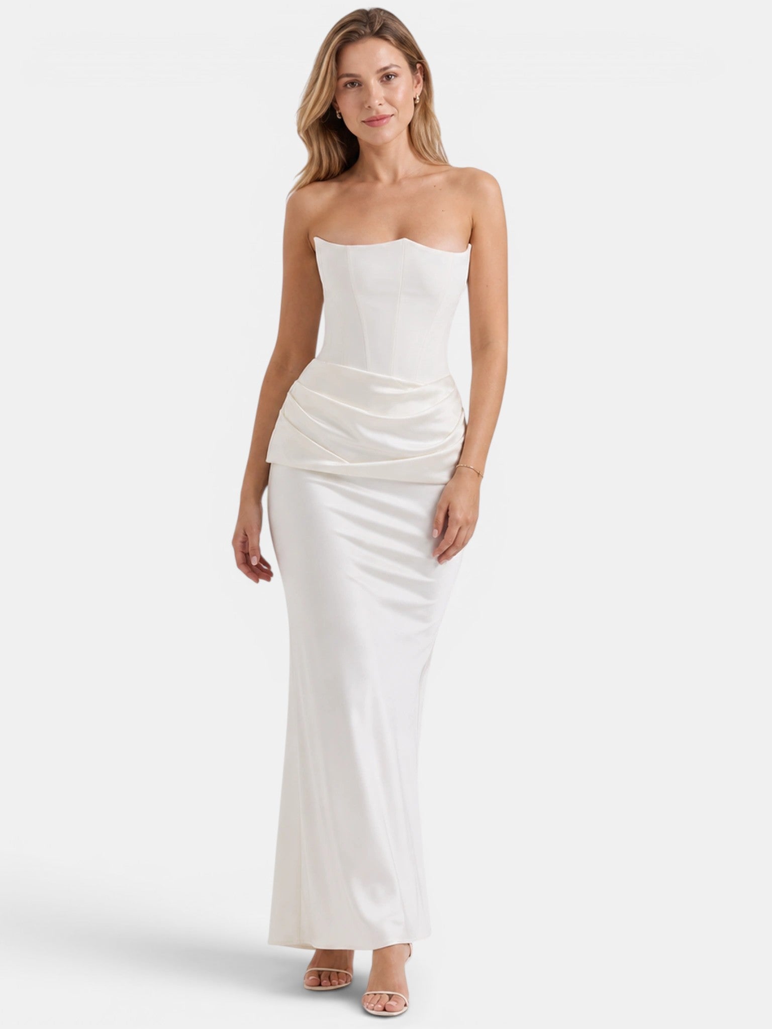 Gleamond | Women's Strapless Maxi Dress with Ruched Skirt and Fitted Bodice Gleamond