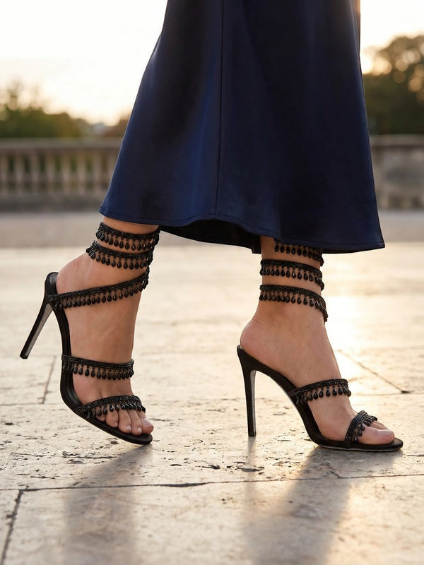 Gleamond | Women's Wraparound Sandals with Crystal Fringe and Stiletto Heel Gleamond